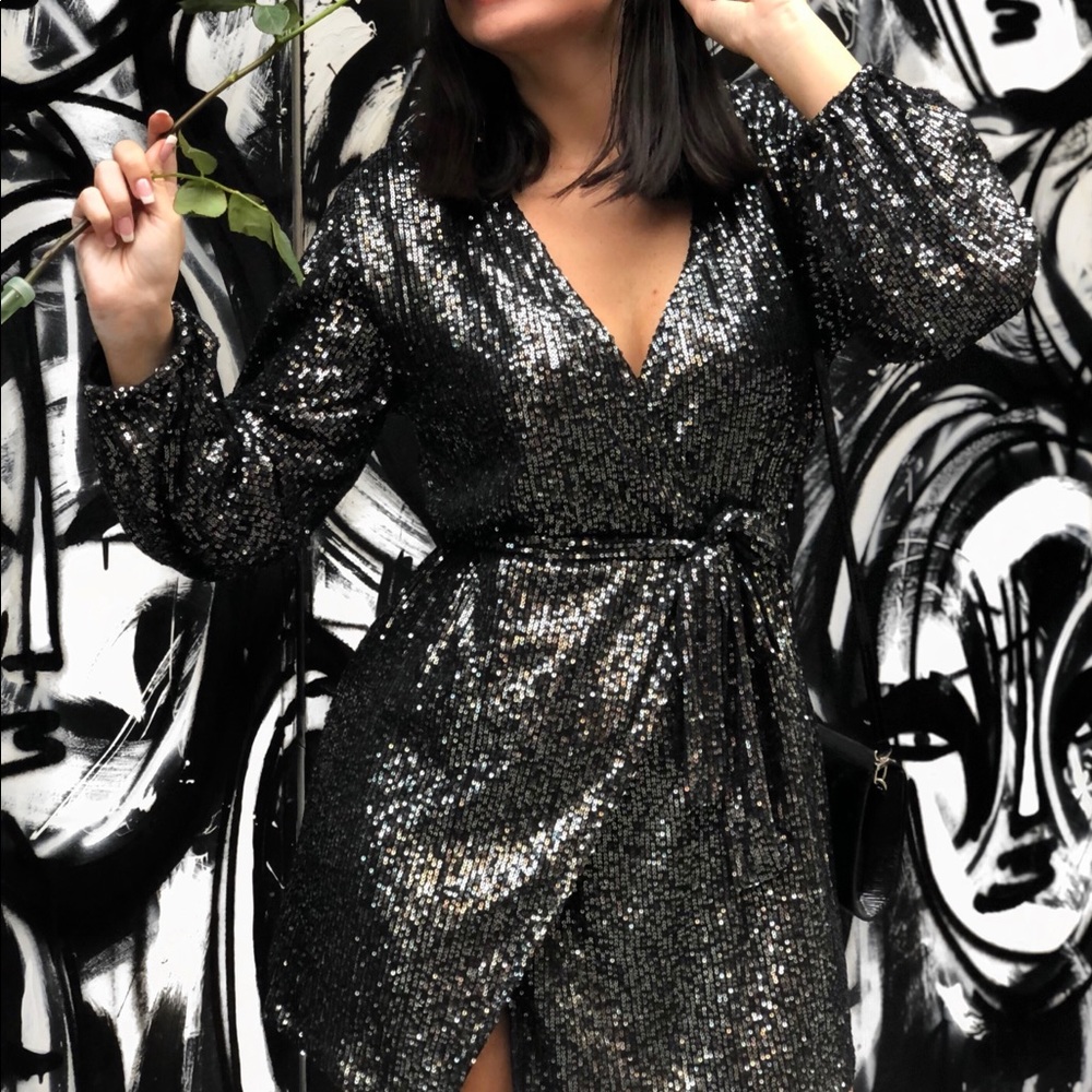 Black Sequin Wrap Dress